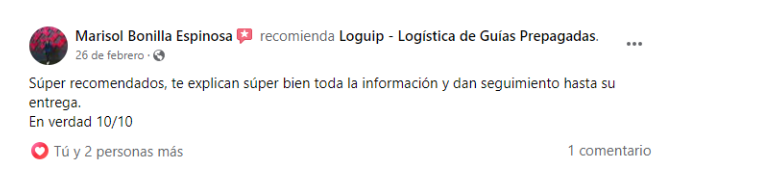 Reseña de cliente en Facebook sobre Loguip