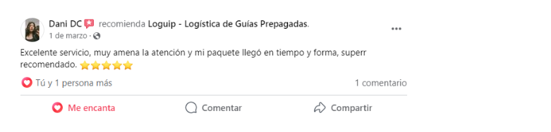 Reseña de cliente en Facebook sobre Loguip